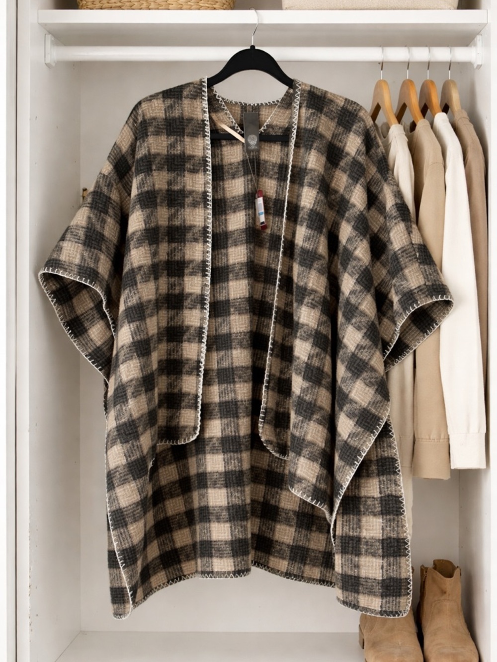 Vince Camuto Plaid Poncho Shawl NWT Black Beige Fringe Stitch Wrap